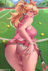 1futa ass back back_view backsack balls big_ass breasts clothed clothing cock-tail exlic full-package_futanari futa_only futanari human light-skinned_futanari light_skin looking_at_viewer looking_back mario_(series) mario_tennis mostly_clothed pale_skin penis presenting presenting_pussy princess_peach pussy solo spread_pussy standing