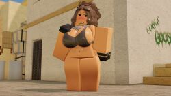 1girls 3d belly_button blush bra brown_hair counter_blox_(rolve) embarrassed gabbers gloves grey_bra nipple_bulge roblox roblox_game robloxian rolve tagme thick_thighs watch