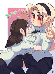 2girls between_breasts blonde blonde_female blonde_hair blush blushing boing face_in_breasts female filia_(skullgirls) hug hugging large_breasts painting_fish painwheel pre-samson_filia red_eyes school_uniform simple_background skullgirls wholesome yuri