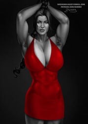 1girls armpit_hair armpits bemmaa breasts cleavage female female_only huge_breasts lara_croft lara_croft_(classic) monochrome muscles muscular muscular_female simple_background solo tomb_raider