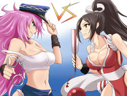 2girls brown_hair capcom cleavage clothed clothing duo fatal_fury female female_only fighting final_fight fully_clothed huge_breasts human king_of_fighters light-skinned_female light_skin mai_shiranui navel pale_skin pink_hair poison_(final_fight) shorts snk street_fighter title veiled616 vs