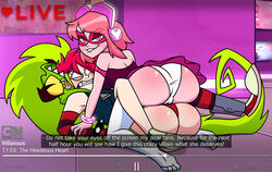 2girls angry ass big_ass big_butt blush breasts cameltoe cartoon_network demencia_(villainous) english_text eye_contact female female_only green_hair half-closed_eyes headphones long_hair looking_at_viewer medium_hair miss_heed_(villainous) panties pink_hair sandwich_position semidraws shoes subtitled text tribadism tribadism_through_clothing video_recording villainous yuri