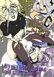 1boy 2girls aether_(genshin_impact) bathsalts1 blonde_hair cum cum_in_pussy cum_inside cum_on_breasts dialogue excessive_cum forced_orgasm genshin_impact keqing_(genshin_impact) long_hair paimon_(genshin_impact) piledriver_position purple_hair text twintails upside-down vaginal_penetration