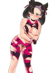 1girls alternate_version_available areolae black_hair breasts eye_contact female gym_clothes hair_ribbon looking_at_viewer marnie_(pokemon) nintendo nipples pokemon pokemon_ss pubic_hair pussy redraw ripped_clothing solo standing thighs twintails white_background yotahen