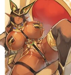 1girls big_breasts big_butt black_hair cameltoe chamame dark-skinned_female egyptian elf gloves green_eyes hourglass_figure larribee last_origin necklace partially_clothed scarab sekhmet_of_death string_bikini