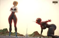 3d 3d_(artwork) big_breasts giantess gwen_stacy long_tongue marvel nipple_bulge she-venom thick_thighs wotm8h8