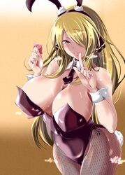 1girls 2021 black_leotard blonde_hair blush breasts bunny_ears bunny_girl bunny_tail bunnysuit condom cynthia_(pokemon) female female_focus female_only fishnets hair_over_one_eye hi_res highleg_leotard hips holding_object huge_breasts leotard long_hair looking_at_viewer naughty_face nintendo pokemon pokemon_dppt sika_(kakakaka) slim_waist smile suggestive_look thick_thighs thighs very_high_resolution visible_breath wide_hips