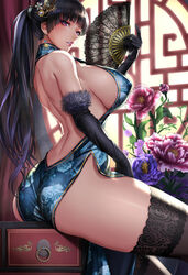 ass back bangs black_gloves black_hair black_legwear blue_dress blunt_bangs breasts china_dress chinese_clothes commentary_request covered_erect_nipples drawer dress earrings elbow_gloves female flower from_side fur_trim gloves hair_ornament halterneck hand_fan high_ponytail highres holding holding_fan huge_breasts jewelry lace lace-trimmed_legwear lace_trim long_hair original parted_lips pelvic_curtain purple_eyes round_window sadakage side_slit sideboob sitting solo thick_thighs thighhighs thighs window