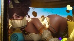 1girls 3d ass brown_eyes brown_hair clothed clothing dark-skinned_female dark_skin female female_only huge_ass league_of_legends looking_at_viewer nillin_(artist) small_breasts taliyah tanline