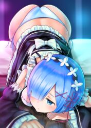 1girls ass big_ass big_butt blue_eyes blue_hair breasts female maid maid_headdress maid_uniform panties re:zero_kara_hajimeru_isekai_seikatsu rem_(re:zero) short_hair skirt_lift takapin