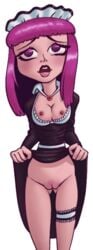 aged_up breasts breasts_out flashing_breasts flashing_pussy lifted_by_self maid maid_uniform necklace pubes pubic_hair purple_eyes purple_hair pussy spacechoochoo the_hollow vanessa_(the_hollow)