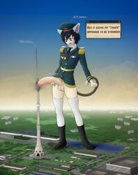 1boy anothercrazysfmstuff balls big_balls big_penis black_hair cat_ears cat_tail catboy city destruction english_text femboy giant giant_femboy giant_male huge_cock light-skinned_male light_skin macro male male_only military_uniform penis solo solo_male standing testicles text thighhighs uncut