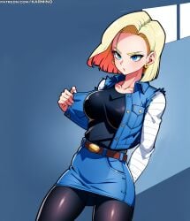 android_18 arm_behind_back belt black_legwear black_pantyhose black_shirt blonde_hair blue_eyes blue_skirt breasts cameltoe clothing denim denim_jacket denim_skirt dragon_ball dragon_ball_super dragon_ball_z earrings female female female_only jacket jewelry large_breasts legwear long_sleeves looking_at_viewer pantyhose shirt short_hair skirt solo thighs vest