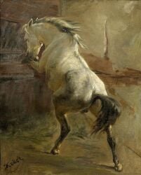 19th_century ancient_art anus backsack balls detailed_background equid equine feral fur genitals horse inside male mammal painting_(artwork) raised_tail realistic_feral rudolph_koller solo tail traditional_media_(artwork) white_body white_fur