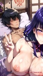 1boy 1girls after_sex ai_generated big_breasts dans_ai female genshin_impact highres huge_breasts lying_on_bed peace_sign purple_hair raiden_shogun selfie tired