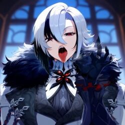 ai_generated arlecchino_(genshin_impact) blowjob_gesture clothed coat eyes_half_open genshin_impact jaygoats mature_female saliva tongue tongue_out