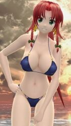 1girls 2024 3d below_view bent_forward bikini clouds dark_blue_bikini earrings embodiment_of_scarlet_devil green_bowtie green_eyes hati_yukkuri_mmd hong_meiling light-skinned_female looking_at_viewer mmd red_hair_female sea sky smiling_at_viewer solo_female solo_focus sunset swimsuit touhou yellow_bowtie youkai