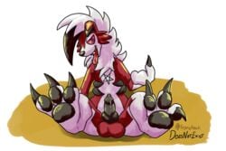 anthro balls bodily_fluids countershading doesnotexist drooling genital_fluids genitals gyrotech hi_res knot lycanroc male nintendo open_mouth pawpads penis pokemon pokemon_(species) precum red_body red_eyes saliva solo video_games