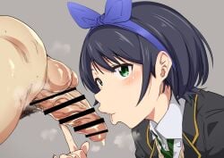 blowjob cheating cheating_female cheating_girlfriend dark_hair dripping kanojo_okarishimasu looking_at_viewer netorare ntr open_mouth pubic_hair sarashina_ruka short_hair touching_penis