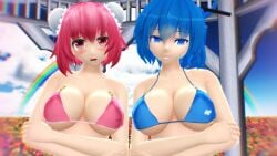 2024 2girls 3d bikini blue_bikini_top blue_eyes blue_hair_female blur blurry_background blush buns clouds duo_female flower_field hairpin hati_yukkuri_mmd human kasen_ibaraki light-skinned_female looking_at_viewer mmd outside pink_bikini_top pink_eyes pink_hair_female rainbow seiga_kaku sky swimsuit ten_desires touhou wild_and_horned_hermit