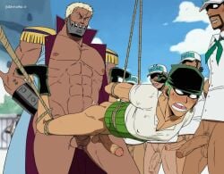 7boys abs anal ass bara blowjob boots bottomless burankoprn erection foreskin gangbang gay grin hanging headband male_focus male_only mask muscle one_piece open_jacket outdoors pecs penis prisoner public punishment restrained rope roronoa_zoro size_difference