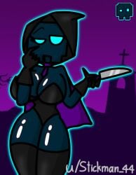 black_hat black_shirt blue_hair blue_skin cube_11_(geometry_dash) geometry_dash halloween knife necktie oiled rule_63 stickdash44 stickdash_(stickdash44) stickman44