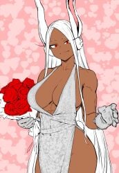 bouquet bouquet_of_flowers bunny_ears bunny_girl dark-skinned_female dark_skin dress mirkosimps miruko muscular_female my_hero_academia parallaxfused rabbit_humanoid rumi_usagiyama