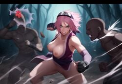 ai_generated angry attempted_rape danger faceless_male fight fighting_back fighting_stance green_eyes guard_up kunoichi light-skinned_female naruto_(series) ninja partially_clothed pink_hair sakura_haruno surrounded_by_men