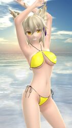 1girls 2024 3d arms_up bikini blonde_hair_female clouds gold_eyes hair_ears hati_yukkuri_mmd headgear midriff mmd platinum_blonde_hair purple_headgear sea sky solo_female solo_focus sunset swimsuit ten_desires touhou toyosatomimi_no_miko yellow_bikini