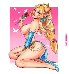 1girls aphrodite_(smite) big_ass big_breasts blonde_hair european_mythology female female_only goddess greek_mythology hi-rez_studios high_heels kneeling light-skinned_female light_skin looking_at_viewer mythology pinup rose smite solo sparkietheartist thick_thighs topless voluptuous voluptuous_female