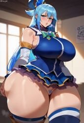 ai_generated aqua_(konosuba) bare_shoulders blue_eyes blue_hair bowtie destroirai detached_sleeves dommy_mommy female frilled_skirt frills green_bow green_bowtie hair_between_eyes highres kono_subarashii_sekai_ni_shukufuku_wo! large_breasts long_hair long_hair_female looking_at_viewer meta: miniskirt open_mouth shirt simple_background skirt solo thick_thighs thighhighs thighs