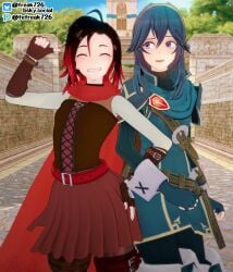 2girls 3d ahoge arm_lock black_hair blue_eyes blue_hair boots breasts cape choker closed_eyes clothed clothing crossover eastern_and_western_character elbow_gloves fefreak726 female female_only fingerless_gloves fire_emblem fire_emblem_awakening frown gloves grin hair_between_eyes hand_on_own_hip long_hair long_sleeves lucina_(fire_emblem) medium_breasts multicolored_hair multiple_girls nintendo open_mouth outdoors pantyhose pointing pointing_at_self raised_eyebrow ruby_rose rwby short_hair skirt small_breasts smile standing symbol-shaped_pupils thigh_boots thighs thumbs_up tiara yuri