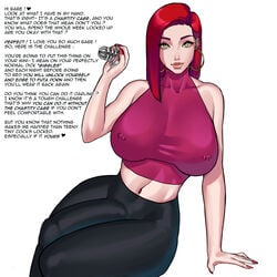 1futa 2d big_breasts big_bulge big_penis breasts bulge chastity chastity_cage english_text futa_only futadom futadom_caption futanari huge_cock light-skinned_futanari light_skin looking_at_viewer otto_cubze penis penis_under_clothes red_hair solo solo_futa text white_background