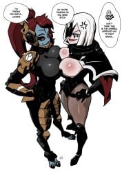 3girls adepta_sororitas alien alien_girl blue_skin breast_press dialogue english_text female female_only imperium_of_man kukuruyo multiple_girls rivalry rivals sister_of_battle speech_bubble tau text warhammer_(franchise) warhammer_40k