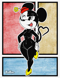 alternate_breast_size anthro artist_name black_fur disney eyelashes female flower_in_hat furry furtuna gloves hat heart_tail heels mickey_mouse_shorts minnie_mouse mouse nipples open_mouth pussy small_breasts solo tail wide_hips wink yellow_heels