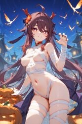 absurd_res ai_generated bandages claw_pose crystalfly_(genshin_impact) genshin_impact halloween halloween_costume hu_tao_(genshin_impact) ministro mummy_costume pumpkin