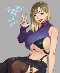 1girls asymmetrical_clothes big_breasts breasts earrings female female_only hoop_earrings large_breasts ryo_agawa solo v_sign