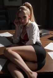 1girls ai_generated black_skirt blonde_hair blush cute eyes face glasses kuku kukuyolo lingerie lying medium_breasts office office_clothing office_lady on_side one_bare_foot original original_character ponytail red_lingerie red_panties round_ass secretary seductive sexy_lingerie