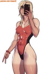 1girls abs blonde_hair fate/apocrypha fate_(series) female female_only fit_female green_eyes highleg highleg_swimsuit medium_breasts mordred_(fate) one-piece_swimsuit patreon_username peace_sign phone selfie solo stopu swimsuit taking_selfie tanline white_background