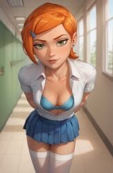 ai_generated bra cleavage ginger gwen_tennyson leaning_forward miniskirt red_hair school_uniform schoolgirl tagme