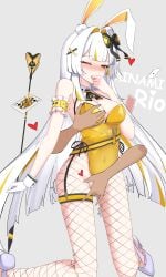 animal_ear_fluff animal_ears arm_garter bare_shoulders blush bow breasts cleavage fake_animal_ears female gloves hairbow half-closed_eyes leotard long_hair minami_rio official_alternate_costume rabbit_ears solo_focus white_hair yellow_eyes yellow_leotard