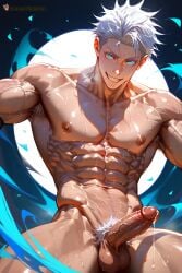 1boy abs ai_generated armpit_hair bara blue_eyes completely_nude erection goldenfieldszho jujutsu_kaisen large_pectorals looking_at_viewer male_focus male_pubic_hair muscular muscular_male navel nipples nude pectorals penis pubic_hair satoru_gojo short_hair smile solo sweat teeth testicles thick_thighs thighs uncensored veins white_hair