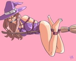 bondage bound broom female female_only femsub fully_clothed gag glasses png purple_clothing rope shirzaitkala simple_background tight_clothing witch witch_hat