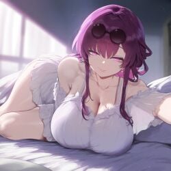 ai_generated bed bedroom big_breasts cleavage eyewear_on_head half-closed_eyes honkai:_star_rail jaygoats kafka_(honkai:_star_rail) nightgown on_bed purple_hair seductive seductive_eyes smile thick_thighs