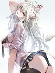 animal_ears ass black_bra black_nails bra breasts choker earrings female grey_eyes grey_hair hololive hololive_gen_5 hololive_japan jewelry large_breasts lion_ears lion_girl lion_tail long_hair miniskirt nail_polish necktie omotiu009 school_uniform see-through_clothing shishiro_botan simple_background skirt solo tail thighhighs underwear virtual_youtuber