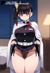 ai_generated belt black_hair black_panties blunt_bangs demon_slayer demon_slayer_uniform embarrassed hair_ornament japanese_clothes kimetsu_no_yaiba large_breasts primosan purple_eyes pussy pussy_juice side-tie_panties side_ponytail skirt skirt_lift standing tsuyuri_kanao uniform