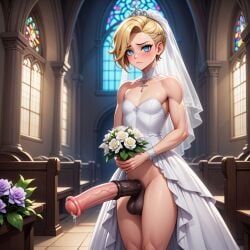 1boy ai_generated blonde_hair blue_eyes blush blush church collar cross dripping dripping_cum dripping_precum eyeliner femboy femboy_only flower flowers hi_res high_resolution highres holding_object horse_penis horsecock mascara medial_ring nervous shy standing veil wedding wedding_dress wedding_veil