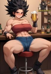 abs ai_generated bar beer big_breasts blush bracelet cameltoe caulifla dark_hair dragon dragon_ball dragon_ball_sparking!_zero friki8otaku huge_breasts jeans jeans_shorts muscular_arms muscular_female muscular_thighs saiyan smile spiky_hair tight_clothing tomboy