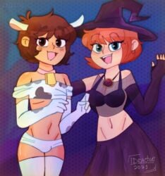 1boy 1femboy 1girls brown_hair bulge cow_bikini cow_boy cow_ears crossdressing cute femboy halloween hat ideac ideactive iideac kelly(ideactive) red_hair witch_hat