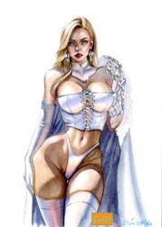 blonde_female blonde_hair blue_eyes breasts cleavage corset curvy elizabeth_yan emma_frost female female_only hellfire_club hourglass_figure large_breasts marvel marvel_comics milf panties thin_waist thong thong_panties white_queen wide_hips x-men